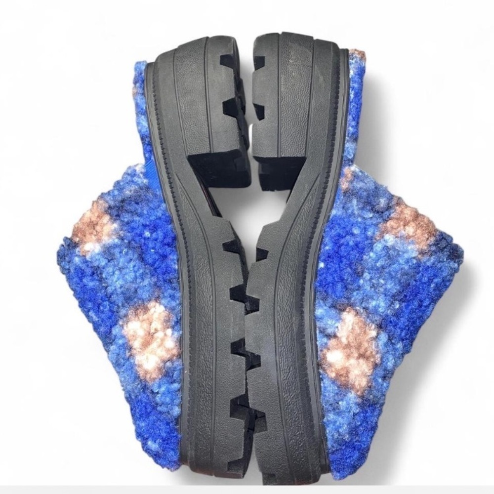 Katy Perry Blue tan Plaid geli combat platform lug mules size 10 Teddy fuzzy - Picture 2 of 4